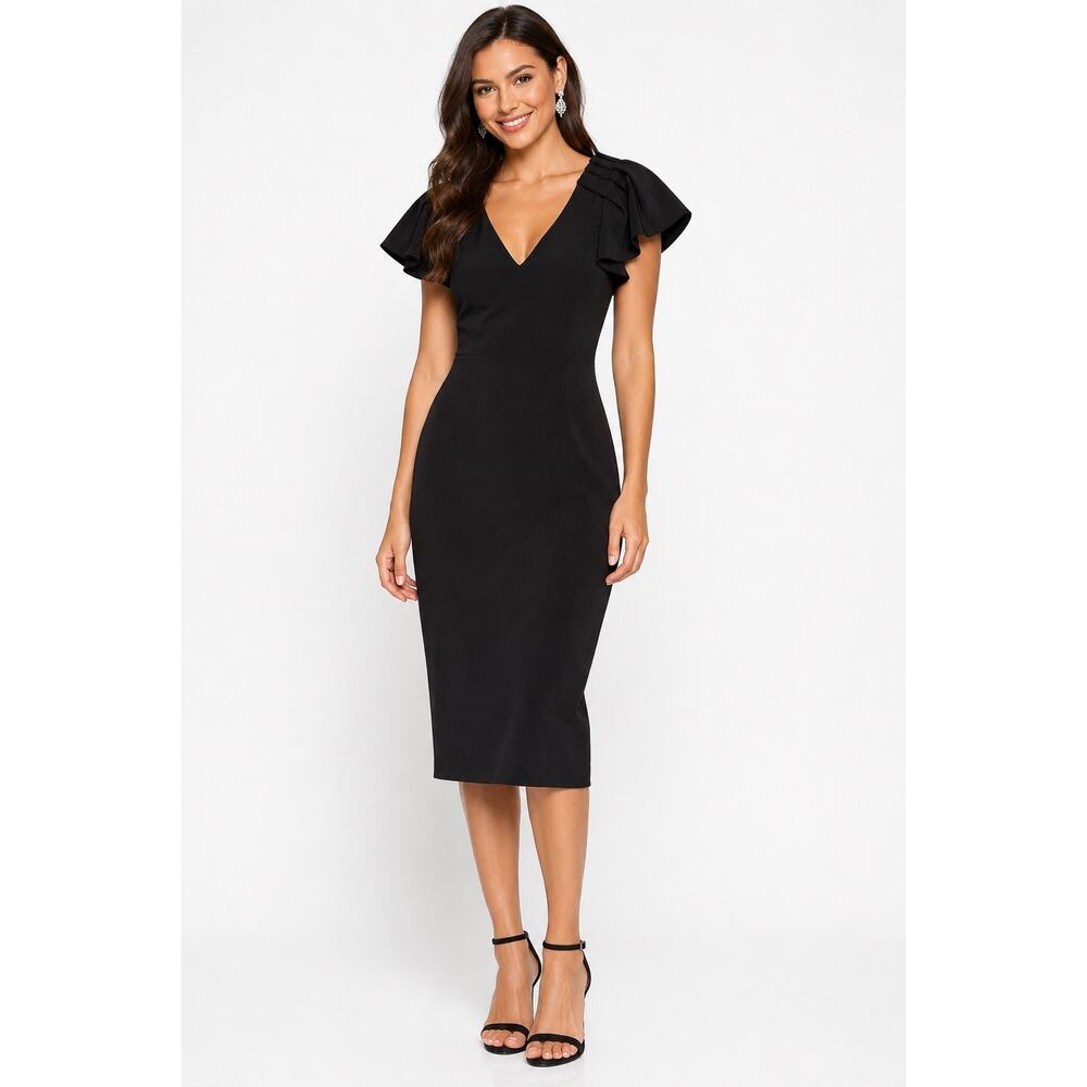 Badgley Mischka Black Flutter Sleeve Midi Dress Size 6 Cocktail Wedding Guest